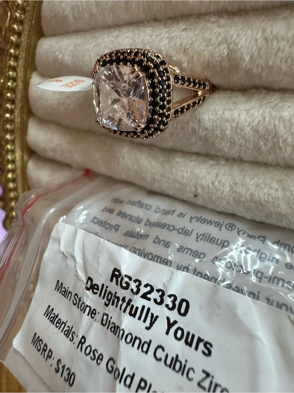 Delightfully Yours Rose Gold Cushion-Cut Halo Ring with Black Accent Stones